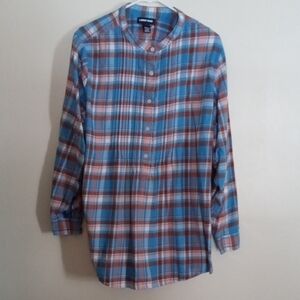 Lands' End Women's Blue and Red Plaid Button Down Shirt